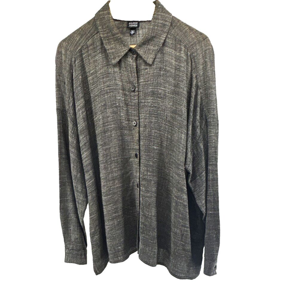Eileen Fisher Womens L Gray Woven Linen Viscose Collared Button-Up Long Sleeve